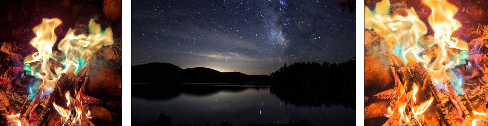 bright campfire and lake reflecting stars at night